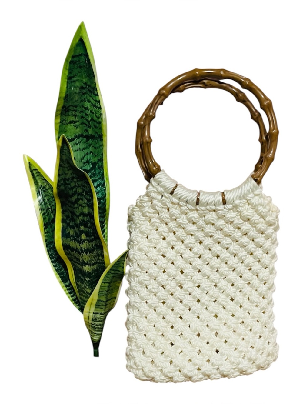 Vintage Inspired Cream Macramé Crochet Mini Purse with Faux Bamboo Ring Handle
